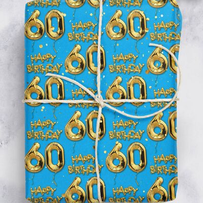 60 Gold Blue Balloon Gift Wrap - 60th Birthday **Pack of 2 Sheets Folded**