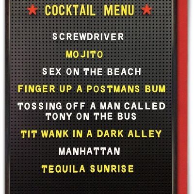 Biglietto di compleanno scortese con menu di cocktail