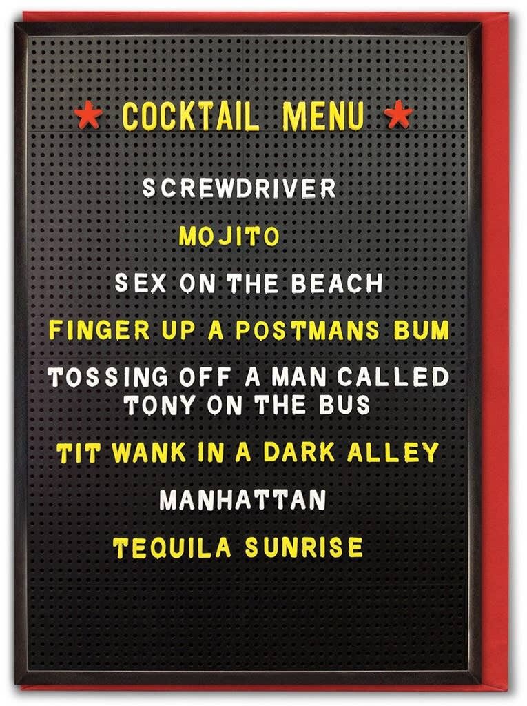 Biglietto di compleanno scortese con menu di cocktail