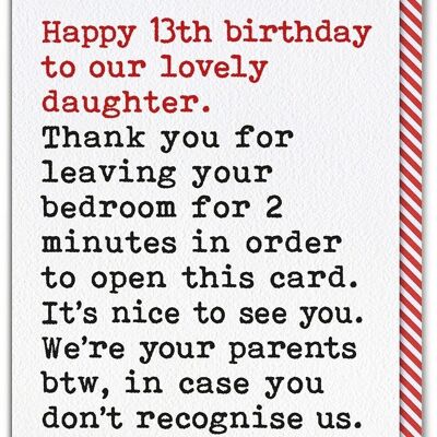 Divertente biglietto di auguri per il 13° compleanno della figlia, che lascia la camera da letto