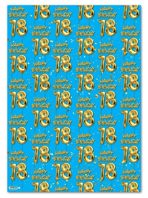 18 Gold Blue Balloon Gift Wrap - 18th Birthday **Pack of 2 Sheets Folded**