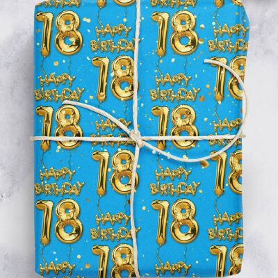 18 Gold Blue Balloon Gift Wrap - 18th Birthday **Pack of 2 Sheets Folded**
