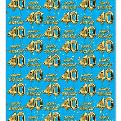 40 Gold Blue Balloon Gift Wrap - 40th Birthday **Pack of 2 Sheets Folded**