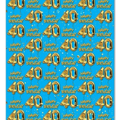Envoltorio de regalo de 40 globos dorados y azules - 40 cumpleaños ** Paquete de 2 hojas dobladas **