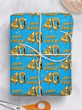 40 Emballage Cadeau Ballon Bleu Or - 40ème Anniversaire **Pack de 2 Feuilles Pliées** 2