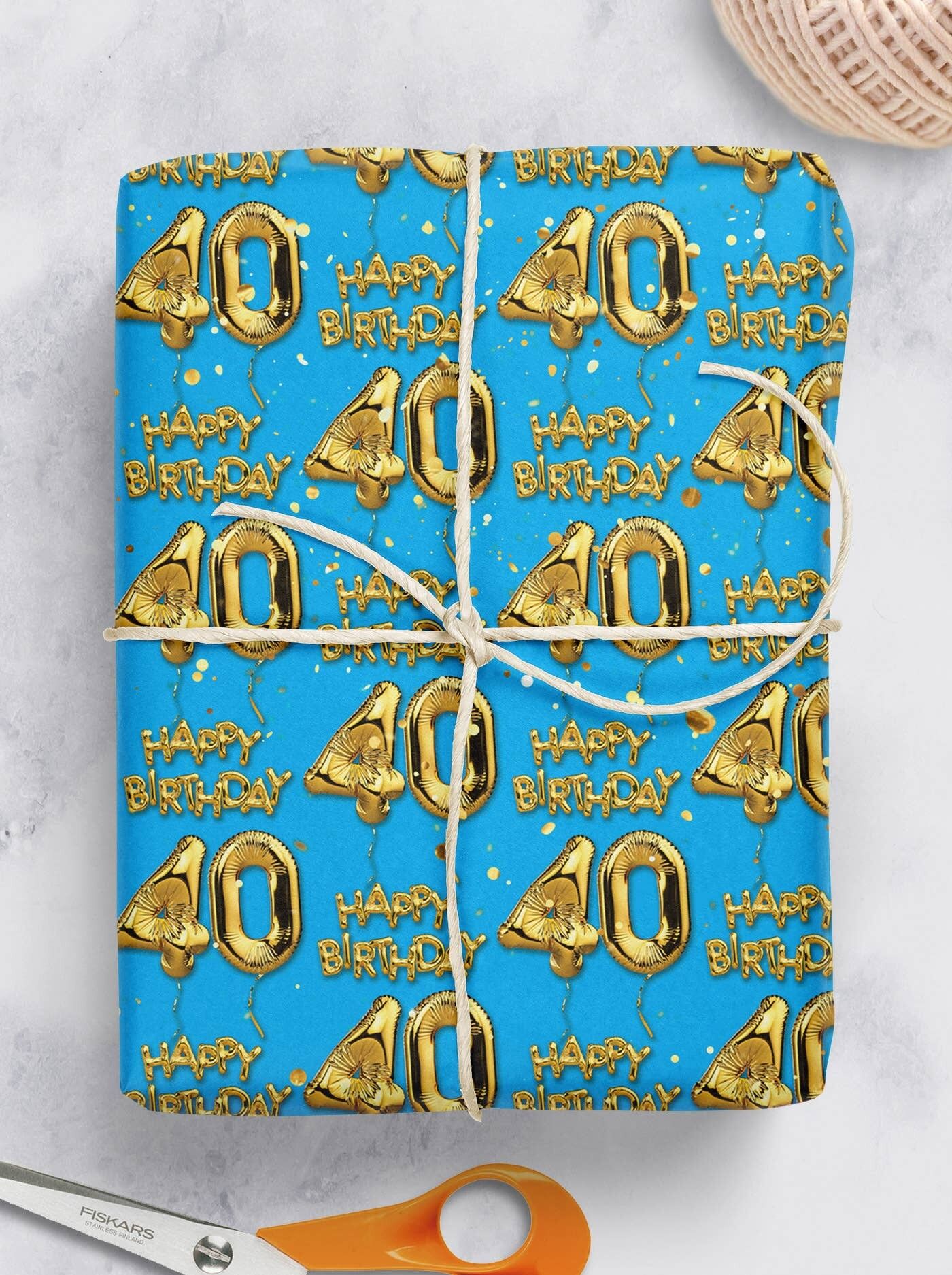 40 Gold Blue Balloon Gift Wrap - 40th Birthday **Pack of 2 Sheets Folded**