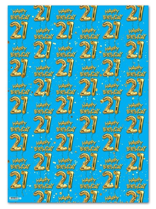 21 Gold Blue Balloon Gift Wrap - 21st Birthday **Pack of 2 Sheets Folded**