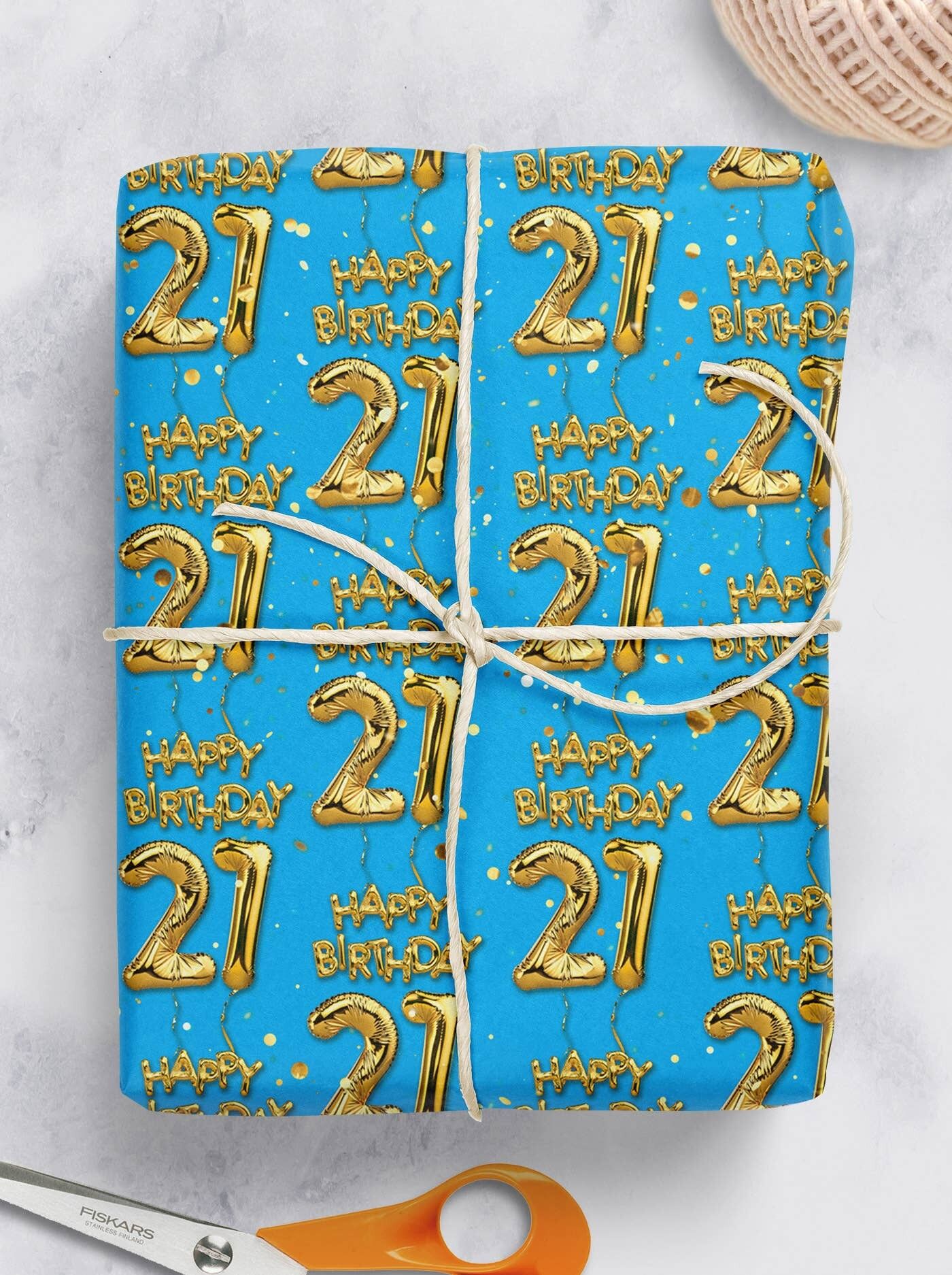 21 Gold Blue Balloon Gift Wrap - 21st Birthday **Pack of 2 Sheets Folded**