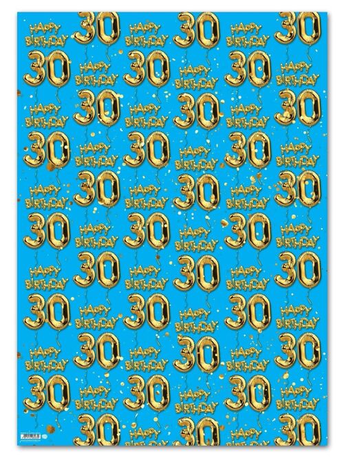30 Gold Blue Balloon Gift Wrap - 30th Birthday **Pack of 2 Sheets Folded**