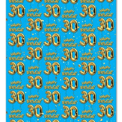 Emballage cadeau 30 ballons bleus dorés - 30e anniversaire **Pack de 2 feuilles pliées**