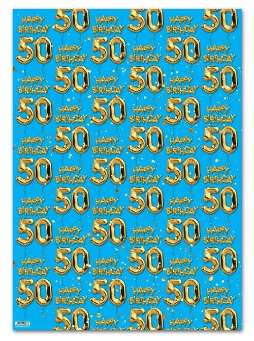 50 Gold Blue Balloon Gift Wrap - 50th Birthday **Pack of 2 Sheets Folded**