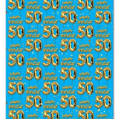 50 Gold Blue Balloon Gift Wrap - 50th Birthday **Pack of 2 Sheets Folded**