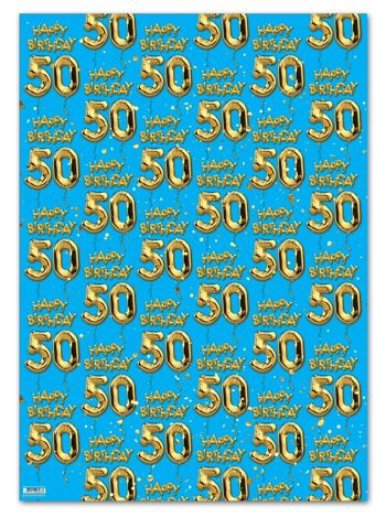 50 emballages cadeaux ballons bleus dorés - 50e anniversaire **Pack de 2 feuilles pliées** 1