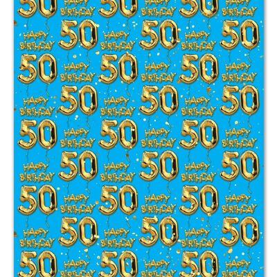 50 emballages cadeaux ballons bleus dorés - 50e anniversaire **Pack de 2 feuilles pliées**