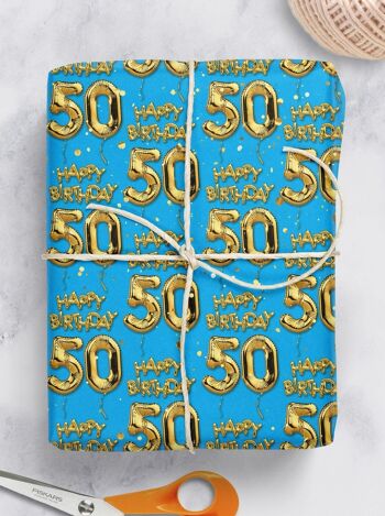 50 emballages cadeaux ballons bleus dorés - 50e anniversaire **Pack de 2 feuilles pliées** 2