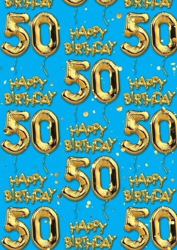 50 emballages cadeaux ballons bleus dorés - 50e anniversaire **Pack de 2 feuilles pliées** 3