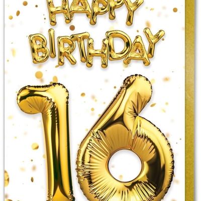 16th Birthday Card - 16 Balloon Gold/White by Brainbox Candy