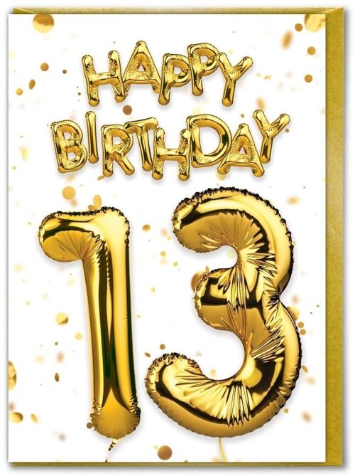 13th Birthday Card - 13 Balloon Gold/White by Brainbox Candy