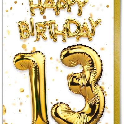 13th Birthday Card - 13 Balloon Gold/White by Brainbox Candy