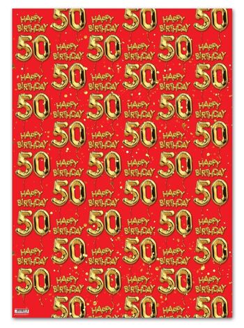 50 emballages cadeaux ballons rouges dorés - 50e anniversaire **Pack de 2 feuilles pliées** 1