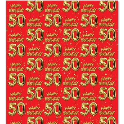 50 emballages cadeaux ballons rouges dorés - 50e anniversaire **Pack de 2 feuilles pliées**