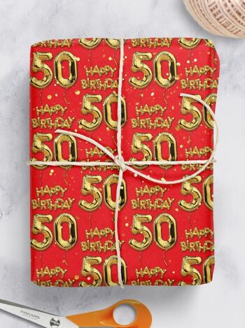 50 emballages cadeaux ballons rouges dorés - 50e anniversaire **Pack de 2 feuilles pliées** 2