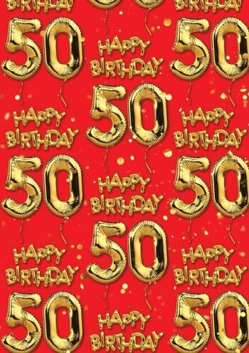 50 emballages cadeaux ballons rouges dorés - 50e anniversaire **Pack de 2 feuilles pliées** 3