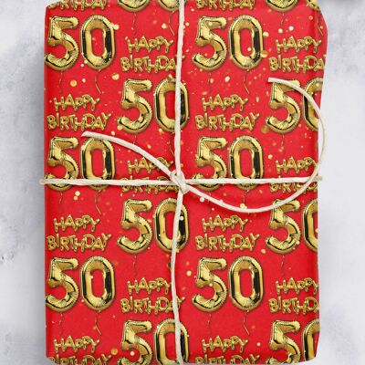 50 Gold Red Balloon Gift Wrap - 50th Birthday **Pack of 2 Sheets Folded**