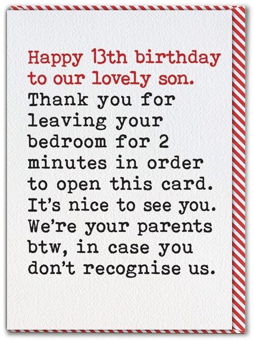 Funny 13th Birthday Card For Son - Leaving Bedroom by Brainbox Candy