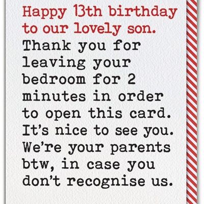 Funny 13th Birthday Card For Son - Leaving Bedroom by Brainbox Candy