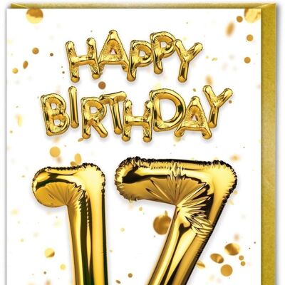 17th Birthday Card - 17 Balloon Gold/White by Brainbox Candy