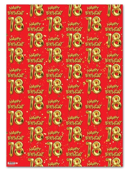 18 Gold Red Balloon Gift Wrap - 18th Birthday **Pack of 2 Sheets Folded**