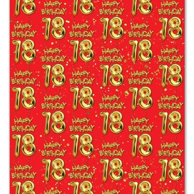 18 Gold Red Balloon Gift Wrap - 18th Birthday **Pack of 2 Sheets Folded**