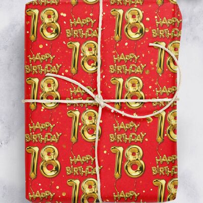 18 Gold Red Balloon Gift Wrap - 18th Birthday **Pack of 2 Sheets Folded**