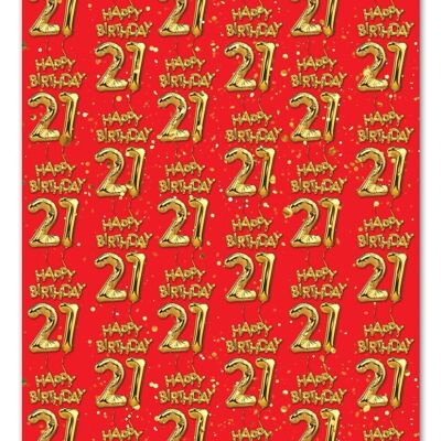 21st Birthday Gift Wrap - Red **Pack of 2 Sheets Folded** by Brainbox Candy