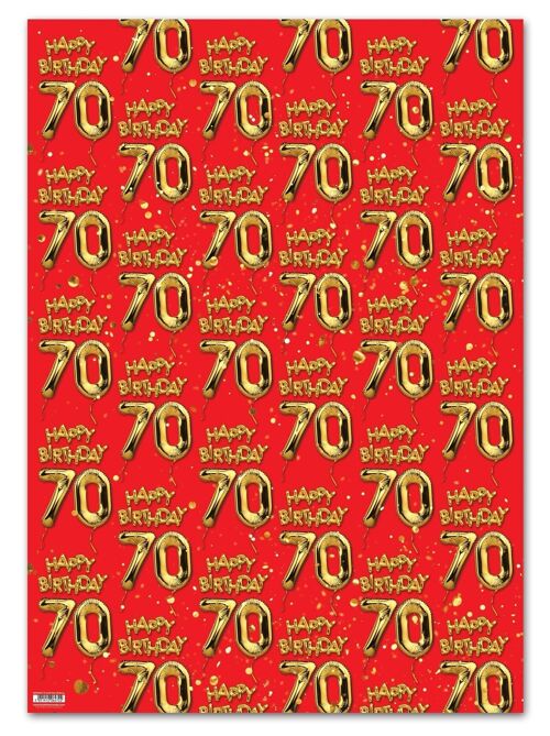 70 Gold Red Balloon Gift Wrap - 70th Birthday **Pack of 2 Sheets Folded**