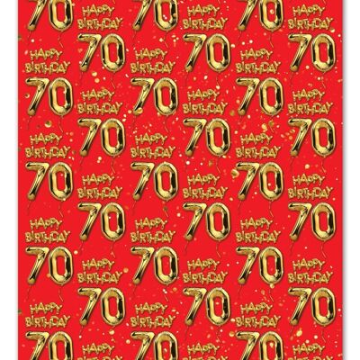 70 Gold Red Balloon Geschenkpapier - 70. Geburtstag **Pack mit 2 gefalteten Blättern**