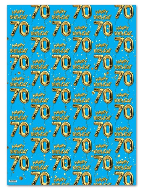 70 Gold Blue Balloon Gift Wrap - 70th Birthday **Pack of 2 Sheets Folded**