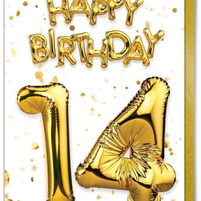 14th Birthday Card - 14 Balloon Gold/White by Brainbox Candy