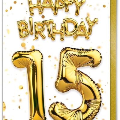 Geburtstagskarte zum 15. Geburtstag – 15 Ballons Gold/Weiß von Brainbox Candy
