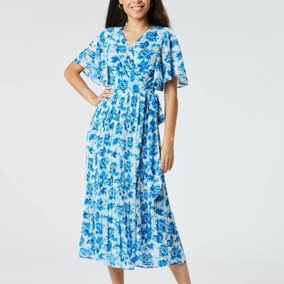 Salma robe longue portefeuille plissée bleu