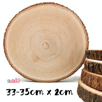 Tranche de bois avec écorce. 35 cm x 2 cm. Tranche de bois de Paulownia naturel.