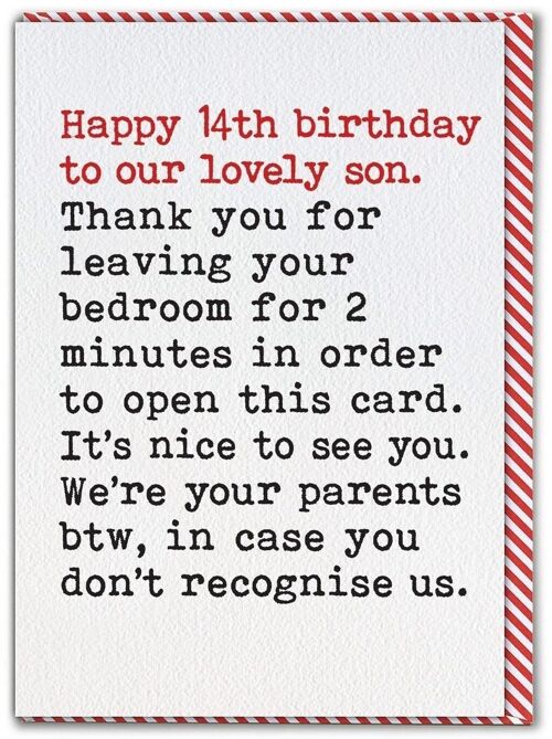 Funny 14th Birthday Card For Son - Leaving Bedroom by Brainbox Candy
