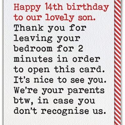 Funny 14th Birthday Card For Son - Leaving Bedroom by Brainbox Candy