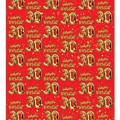 30 Gold Red Balloon Gift Wrap - 30th Birthday **Pack of 2 Sheets Folded**
