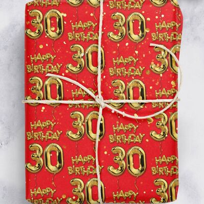 30 Gold Red Balloon Gift Wrap - 30th Birthday **Pack of 2 Sheets Folded**
