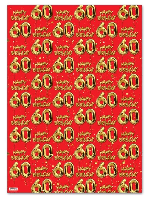 60 Gold Red Balloon Gift Wrap - 60th Birthday **Pack of 2 Sheets Folded**