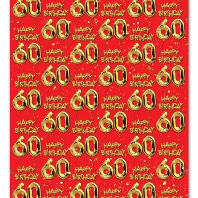 60 Gold Red Balloon Gift Wrap - 60th Birthday **Pack of 2 Sheets Folded**