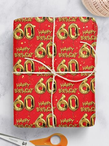 Emballage cadeau ballon rouge 60 or - 60e anniversaire **Pack de 2 feuilles pliées** 2