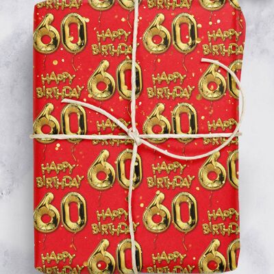 60 Gold Red Balloon Gift Wrap - 60th Birthday **Pack of 2 Sheets Folded**